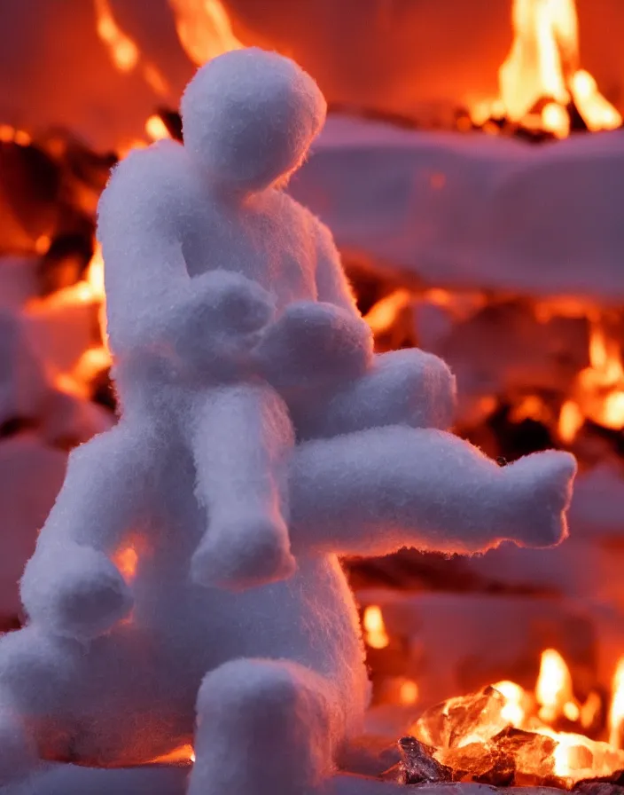 Image similar to mini version of iceman, sitting in a room filled with fire, cinematic, award-winning, 8k, hyperrealistic