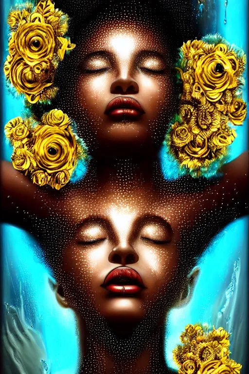 Image similar to hyperrealistic post - futurist cinematic profile very expressive! black oshun goddess, in water! up to shoulders, mirror dripping droplet!, gold flowers, highly detailed face, digital art masterpiece, smooth eric zener cam de leon, dramatic pearlescent turquoise light on one side, low angle uhd 8 k, shallow depth of field