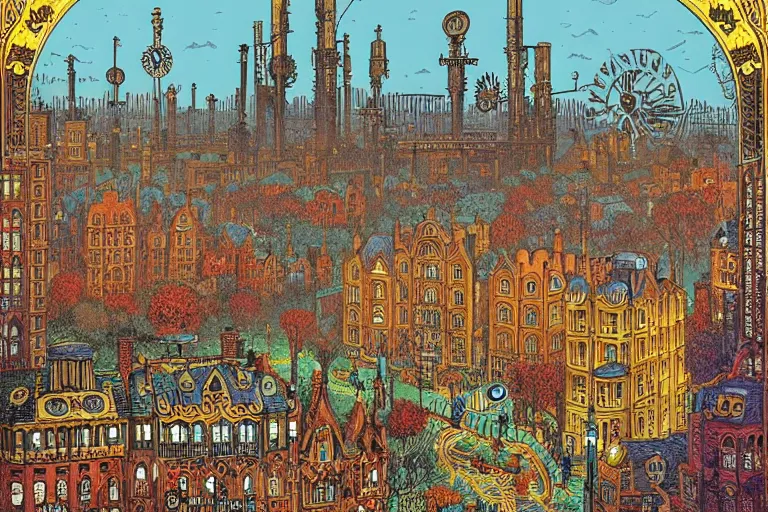 Image similar to clockwork victorian cityscape by Louis Wain (1920) and Dan Mumford