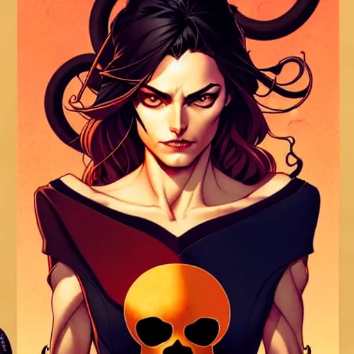 Image similar to artgerm, joshua middleton comic cover art, pretty pirate phoebe tonkin smiling, symmetrical eyes, symmetrical face, long curly black hair, on a pirate ship background, warm colors