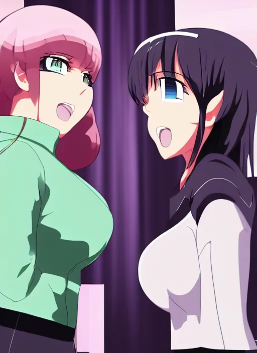 Image similar to two beautiful mothers face to face taunting each other, office clothes, gorgeous faces, smooth, cinematic lighting, detailed anime art