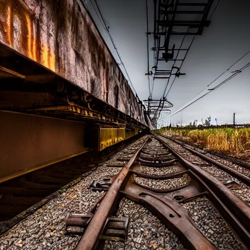 Prompt: award winning photography of a well lit, abandoned mineshaft with a rusted minecart not moving on a train track.