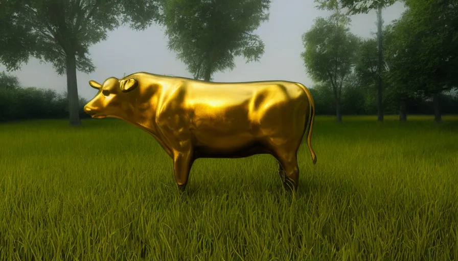 Image similar to golden cow in a green field, sunny day, reflections, wood, volumetric light, hyperdetailed, artstation, cgsociety, 8 k