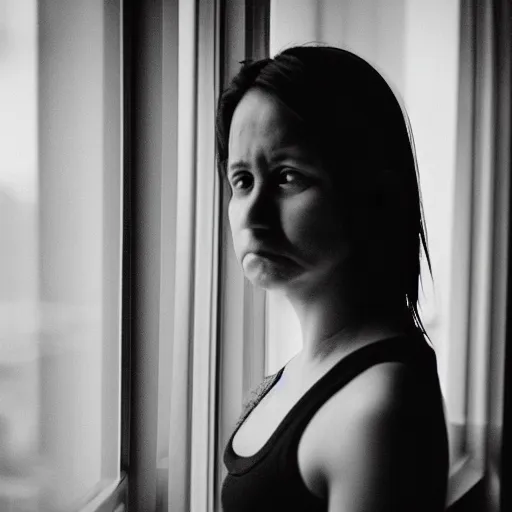 Prompt: black and white photograph portrait of a depressed 35 years old woman standing by the window, natural light, lomo, fashion photography, film grain, soft vignette, sigma 85mm f/1.4 1/10 sec shutter