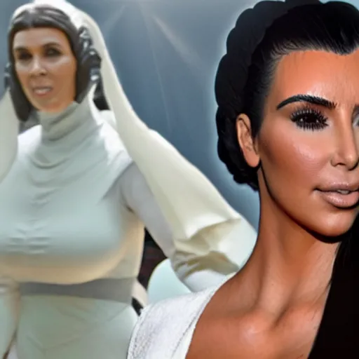 Prompt: kim kardashian as princess leia in jabbas palace