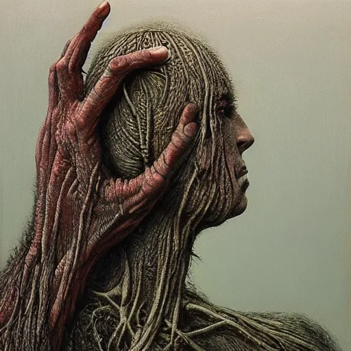 Image similar to Two hands holding a head by Zdzislaw Beksinski, Jeffrey Smith and H.R. Giger, oil on canvas, 8k highly professionally detailed, trending on artstation