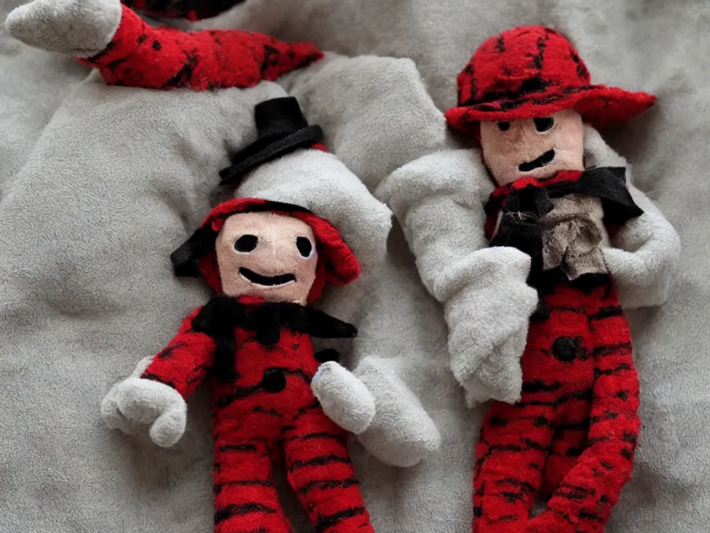 Image similar to A photograph of a cute plush doll that looks like Freddy Krueger, from the horror movie