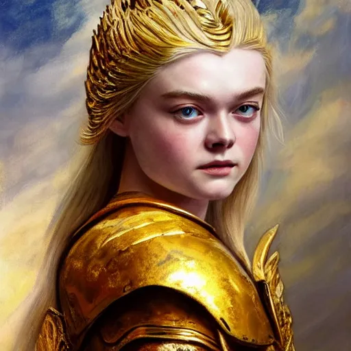 Prompt: ultra realistic medium shot portrait painting of elle fanning wearing golden valkyrie armor, art by frank frazetta, 4 k, ultra realistic, highly detailed, epic lighting