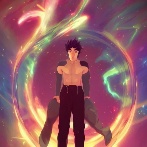 Image similar to A man drinking a cup of cosmic energy bright light, illustration, anime style, Artgerm, 4k, digital art, surreal, anime style, space dandy style, highly detailed, godsend, artstation, digital painting, concept art, smooth, sharp focus, illustration by Ruan Jia and Mandy Jurgens and William-Adolphe Bouguereau, Artgerm