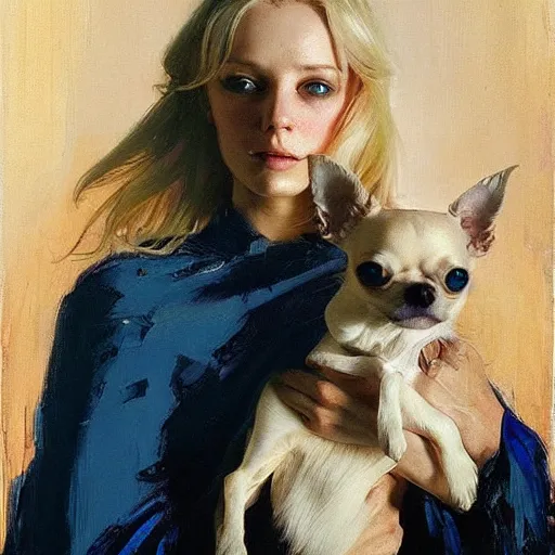 Prompt: beautiful blonde woman, blue eyes, intricate, elegant, highly detailed, holding old long haired chihuahua, greg manchess, mucha, liepke, ruan jia, jeffrey catherine jones, ridley scott