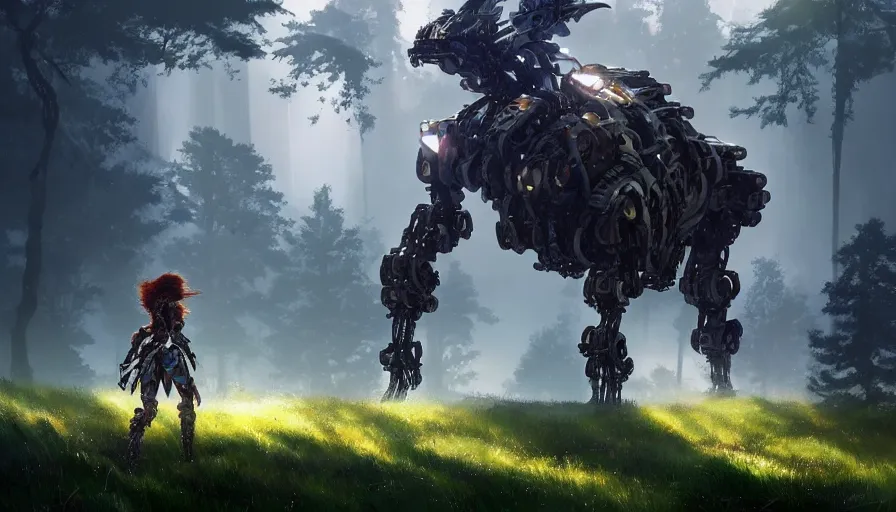 Prompt: walking mech covered in chrome armor, large shapes, horizon zero dawn aesthetic, covered in moss and birds, many large glowing lights, beautiful forests and trees, utopian landscape, bright sunlight, cinematic, concept art, art by John Park and Natasha Tan, trending on artstation, masterpiece.