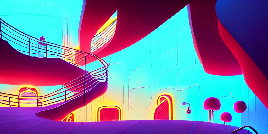 Image similar to spiral lines, minimalistic, extreme wide angle, curved perspective, digital art, subsurface scattering, indoor casino staircase, by anton fadeev, lorax movie, cotton candy smoke, artstation, neon lights