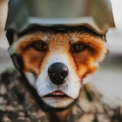 Image similar to Fox dressed in a modern American soldier uniform with a helmet, 85mm f/1.4