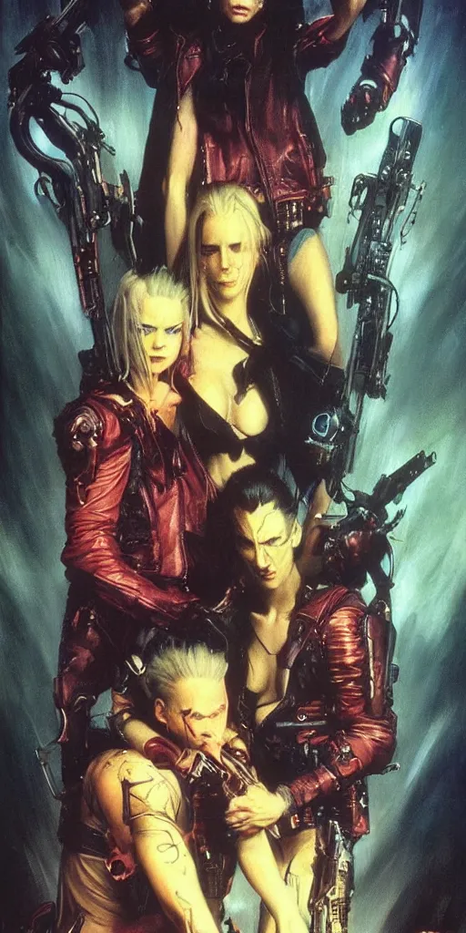 Image similar to epic masterpiece 80s movies poster cyberpunk vampires, neon, atmospheric, photograph by Edgar Maxence and Ross Tran and Michael Whelan, boris vallejo, frank frazetta, mitch foust