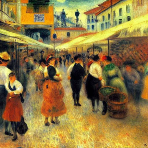 Image similar to Painting of a street market, portugal, by Renoir, Jean Béraud, busy, movement, impressionist, early morning, somber colours