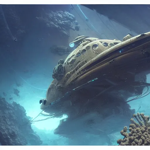 Image similar to a dieselpunk spaceship lies at the bottom of the sea in a coral reef, underwater, matte painting, submecanophobia, fantasy, intricate, elegant, digital painting, trending on artstation, concept art, sharp focus, illustration by greg rutkowski, darek zabrocki and john berkey, 4 k.