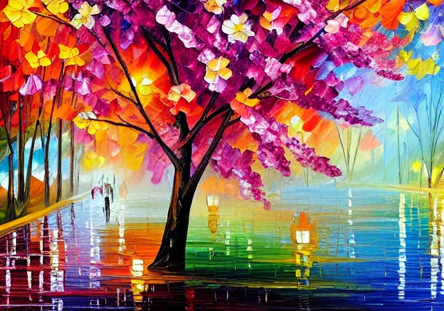 Prompt: a beautiful cherry blossom Japanese tree, oil painting by Leonid Afremov