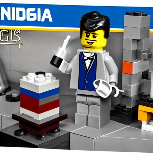 Image similar to Nikola Tesla in his laboratory, a Lego set from the Lego Ideas series, professional product photography ,