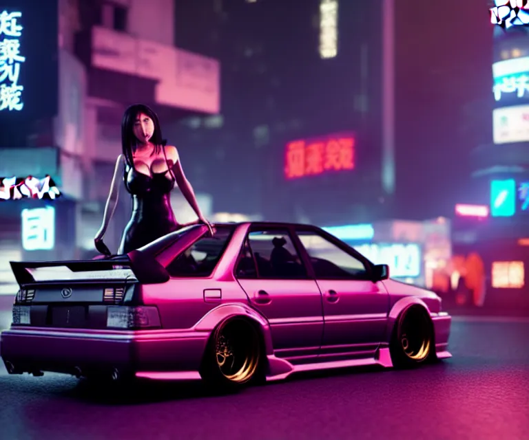 Image similar to toyota jzx 1 0 0 drift with cyberpunk girl standing, detailed - wheels, shibuya prefecture, cinematic lighting, photorealistic, night photography, octane render