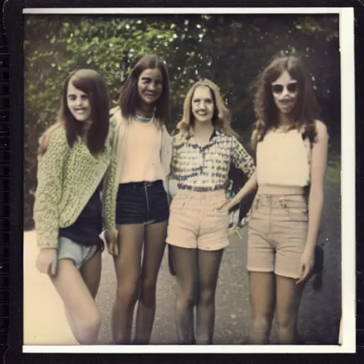 Prompt: Polaroid photograph of stylish college students, taken in 1972