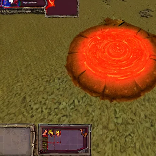 Image similar to TzKal-Zuk at the Inferno, old school runescape, lava river, magma, large shield of magma, obsidian pillars