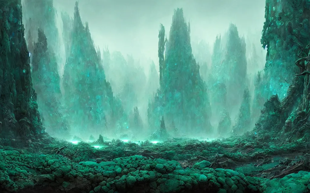 Prompt: a beautiful highly detailed epic matte painting of an alien planet with crystals made of jade in a desolate forest with teal colors by Jose Daniel Cabrera Pena and Leonid Kozienko and Ruan Jia, concept art