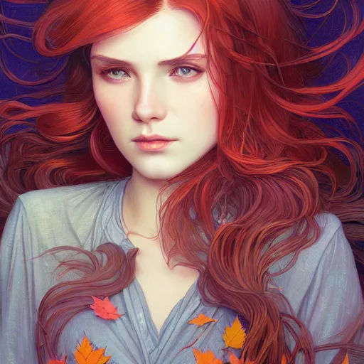 Image similar to girl with super long hair, hair becoming autumn red leaves, intricate, highly detailed, digital painting, artstation, concept art, smooth, sharp focus, illustration, unreal engine 5, 8 k, art by artgerm and greg rutkowski and alphonse mucha