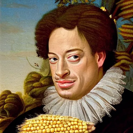 Image similar to a 1 6 0 0 s portrait painting of brendan fraser holding corn, intricate, elegant, highly detailed