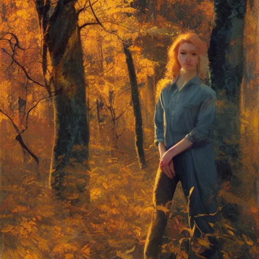 Prompt: when the leaves start to turn to the color of your hair, oil on canvas, portrait of a young woman, a little smiley, very wavy redish yellow hair, many leaves and branches in the foreground, in a forest in autumn, by craig mullins, elenore abbott