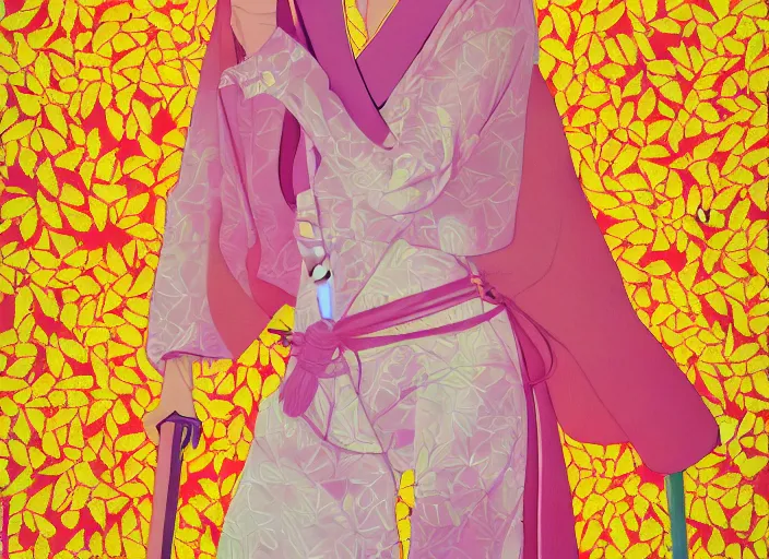 Prompt: breathtaking detailed pattern pastel colors of uma thurman ( kill bill ) in yellow kimono, with hatori hanzo katana sword and autumn leaves, by hsiao - ron cheng, bizarre compositions, exquisite cinematic detail, enhanced eye detail