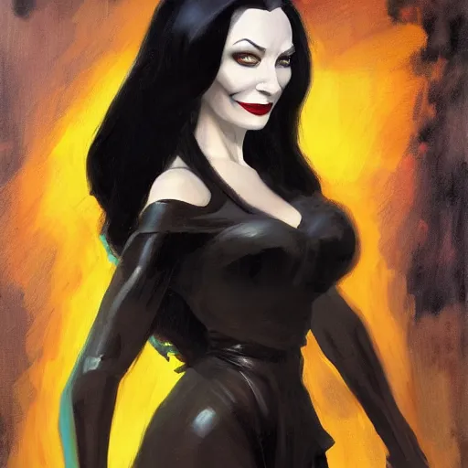 Image similar to greg manchess portrait painting of morticia from addams family as overwatch character, medium shot, asymmetrical, profile picture, organic painting, sunny day, matte painting, bold shapes, hard edges, street art, trending on artstation, by huang guangjian and gil elvgren and greg rutkowski