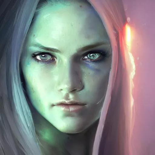 Image similar to portrait of a beautiful young woman with glowing blue eyes, dressed in a green top, flowing white hair, detailed face, fantasy, highly detailed, cinematic lighting, digital art painting by greg rutkowski, trending on artstation, very very beautiful, very attractive