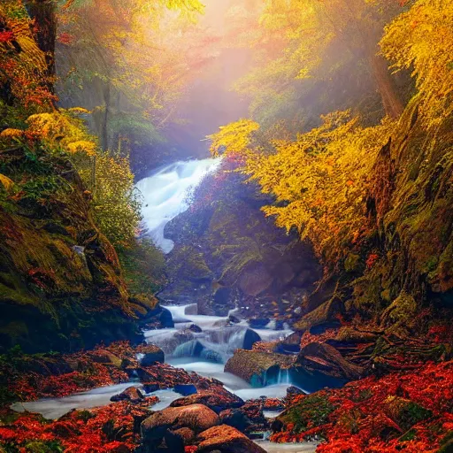 Image similar to beautiful mountain view next to a stream flowing, beautiful autumn morning, sunshine rays coming through the misty forest, ominous evil necromancer floating above the river staring at you. Magic realism hyperrealism photo-realistic lifelike maximalist psychedelic photography by Greg Rutowski and Keith Thompson 8k