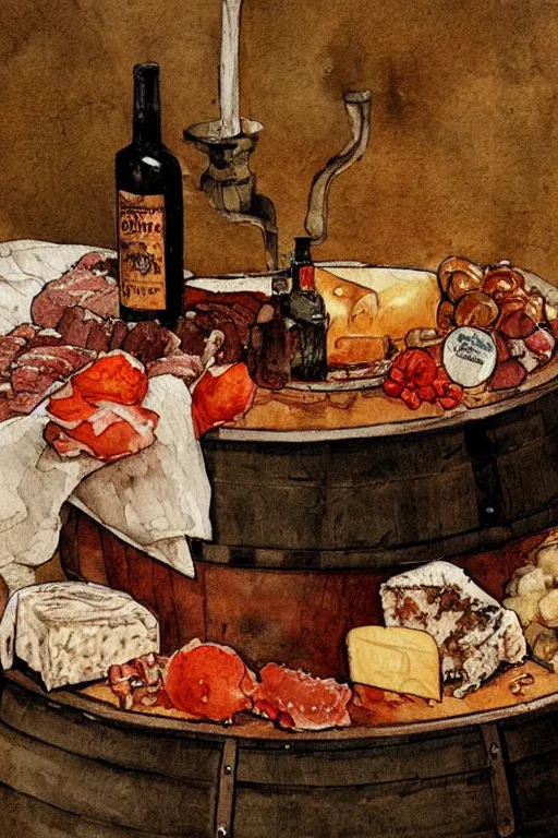 Image similar to pork, meat, schnapps, cheese, candle on a barrel in a cellar, watercolor painting by anderz zorn and carl larsson