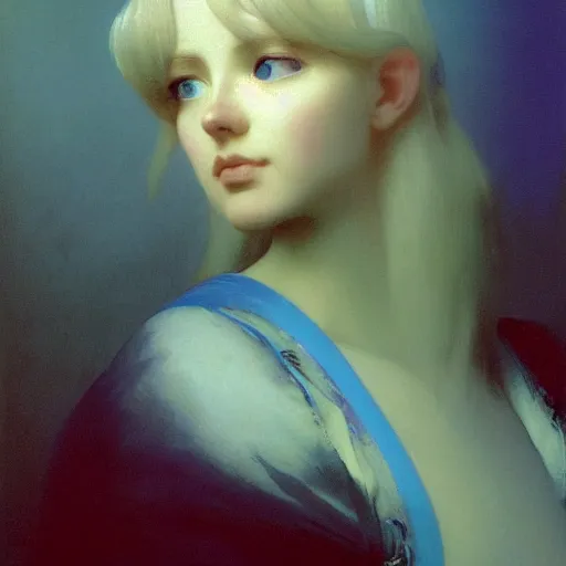 Image similar to young woman's face, her hair is white and she wears a cobalt blue duchesse satin cloak, by ivan aivazovsky and syd mead and moebius and roger dean and aelbert cuyp and willem claesz and pieter claesz and paul delaroche and alma tadema, hyperrealistic, volumetric light, octane