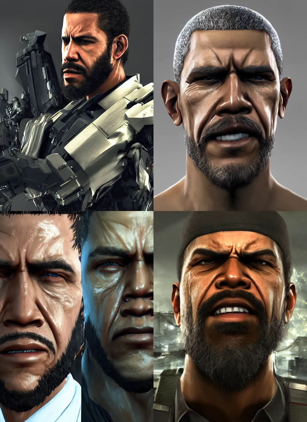 Prompt: bearded barack obama in metal gear rising revengeance, metal gear rising, metal gear, barack obama, octane render, 8 k, realistic face, ray tracing, ps 5, subsurface scattering, realistically proportioned head, realistically proportioned face, ambient occlusion
