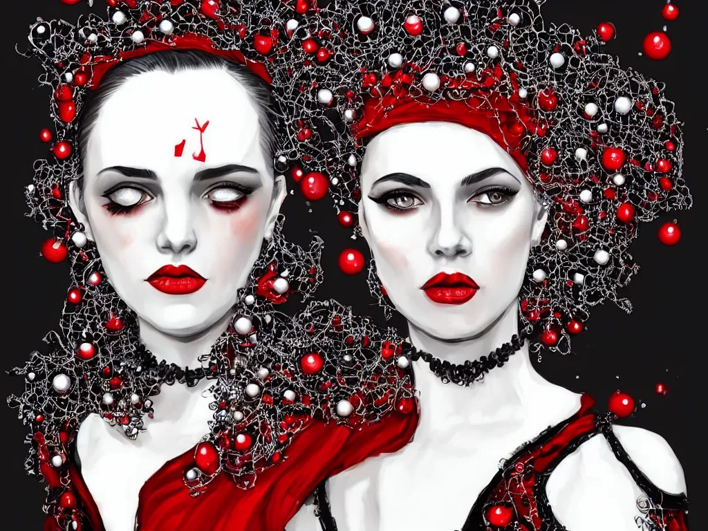 Prompt: a woman with dark eye shadow, white skin, red lips, slick black hair slicked back, an intricate crown of beads hanging over her eyes in the style of the Cell, artstation trending, painterly, Alexander mcqueen, red dress with high collar, flat illustration