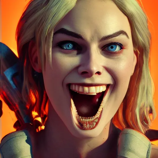 Prompt: margot robbie as tank girl, ultra detailed, concept art, 3 d render, unreal engine 5, ray tracing, fun pose, wild eyes, opened mouth, front and back, big hammer, 4 k