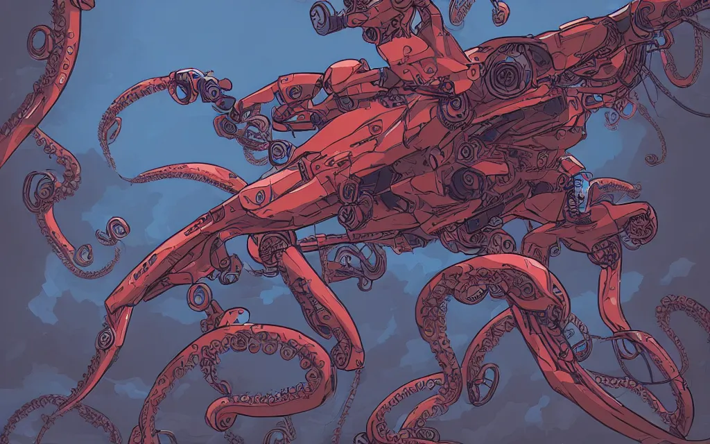 Prompt: robotic flying octopus, in the style of ilya kuvshinov and laurie greasley, dynamic composition, dramatic lighting, ultra detailed, nitro colors