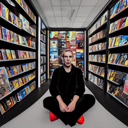 Prompt: black light photo, a man in a colorful velvet full body suit crouched inside a video rental store, nostalgia, hyper realism, the end of innocence