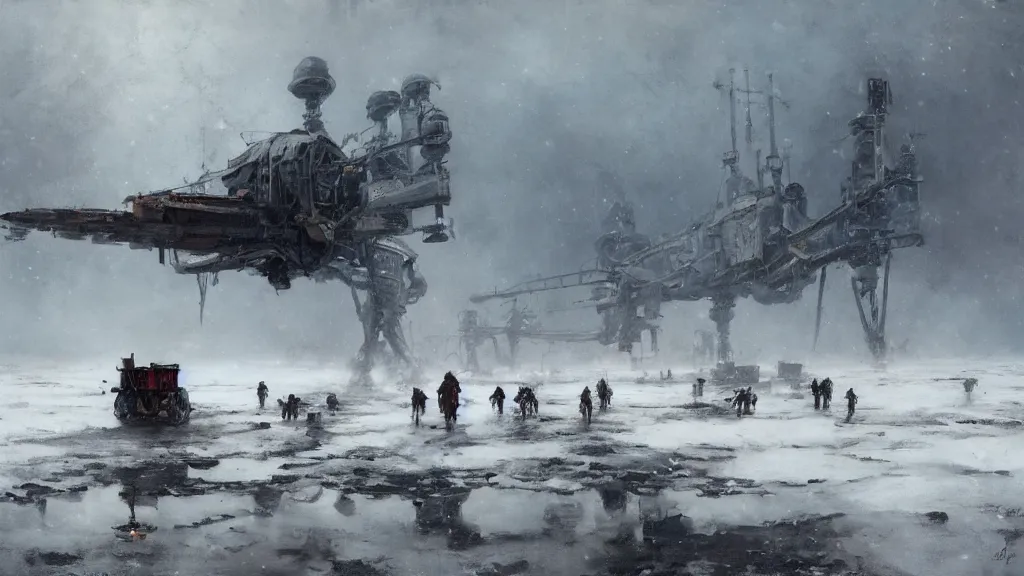 Prompt: 1920's broken down bipedal walker mech in the snowy tundra, oil drill in the distance, steampunk airship above, painted by Jakub Rozalski