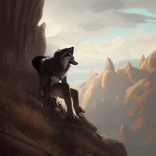 Prompt: an anthropomorphic wolf in a doublet looking out over the hills, artstation hq, stylized, anthro furry art, furaffinity fursona, landscape, greg rutkowski, sharp focus, concept art