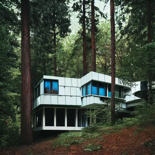 Prompt: architecture ad for a mid-century modern house in the middle of the forrest, designed by Frank Gehry. Film grain, cinematic, grayscale, blue hue