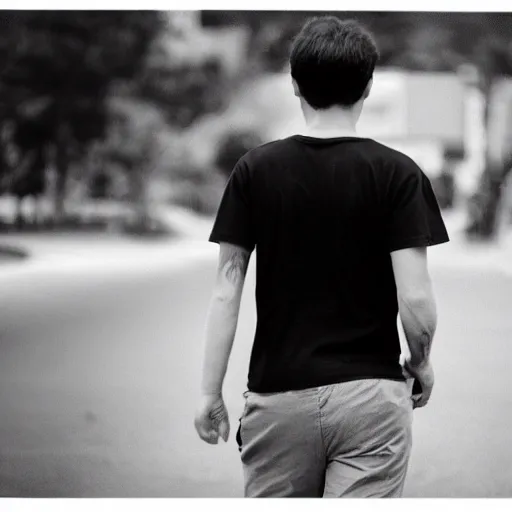 Prompt: black and white cat walking on the back of a man wearing a black t - shirt and blue shorts