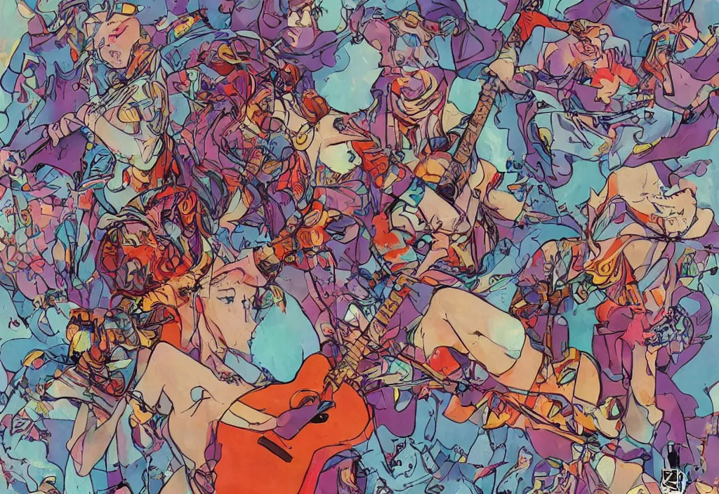 Image similar to beautiful women playing guitar in front of a broken flat tv, art, poster art, by dneg studio, in the style of james jean 8 k high detail