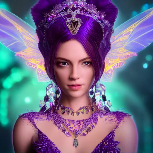 Image similar to portrait princess of amethyst, glowing, ornate and intricate purple jewelry, jaw dropping beauty, glowing background lighting, purple accent lighting, hyper detailed, fairy tale, 4 k octane render