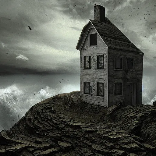 Prompt: old house at the edge of the world, hyperdetailed, photorealistic, moody, surreal, creepy, atmospheric, lsd