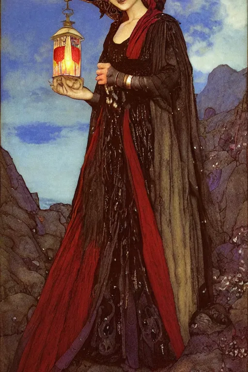 Prompt: portrait of the last goth witch of the dawn mountains with her lantern and regalia, by Annie Swynnerton and Nicholas Roerich and John Bauer and John William Godward and Donato Giancola and Vermeer, embroidered velvet, iridescent beetles, rich color, ornate headdress, flowing robes, lost runes, ancient civilizations, dramatic cinematic lighting, featured on Artstation, extremely detailed