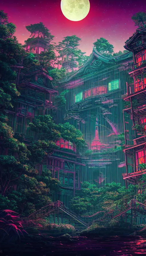 Image similar to reclaimed by nature by moon hoon, darkacademia atlantis cosmic san andreas at dawn neon signs tokyo synthwave universe, archdaily, wallpaper, highly detailed, trending on artstation.