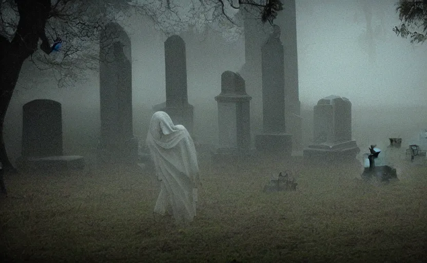 Image similar to a ghost walking though an old cemetary. haunted. night, rain, mist. hyper detailed. movie screencap